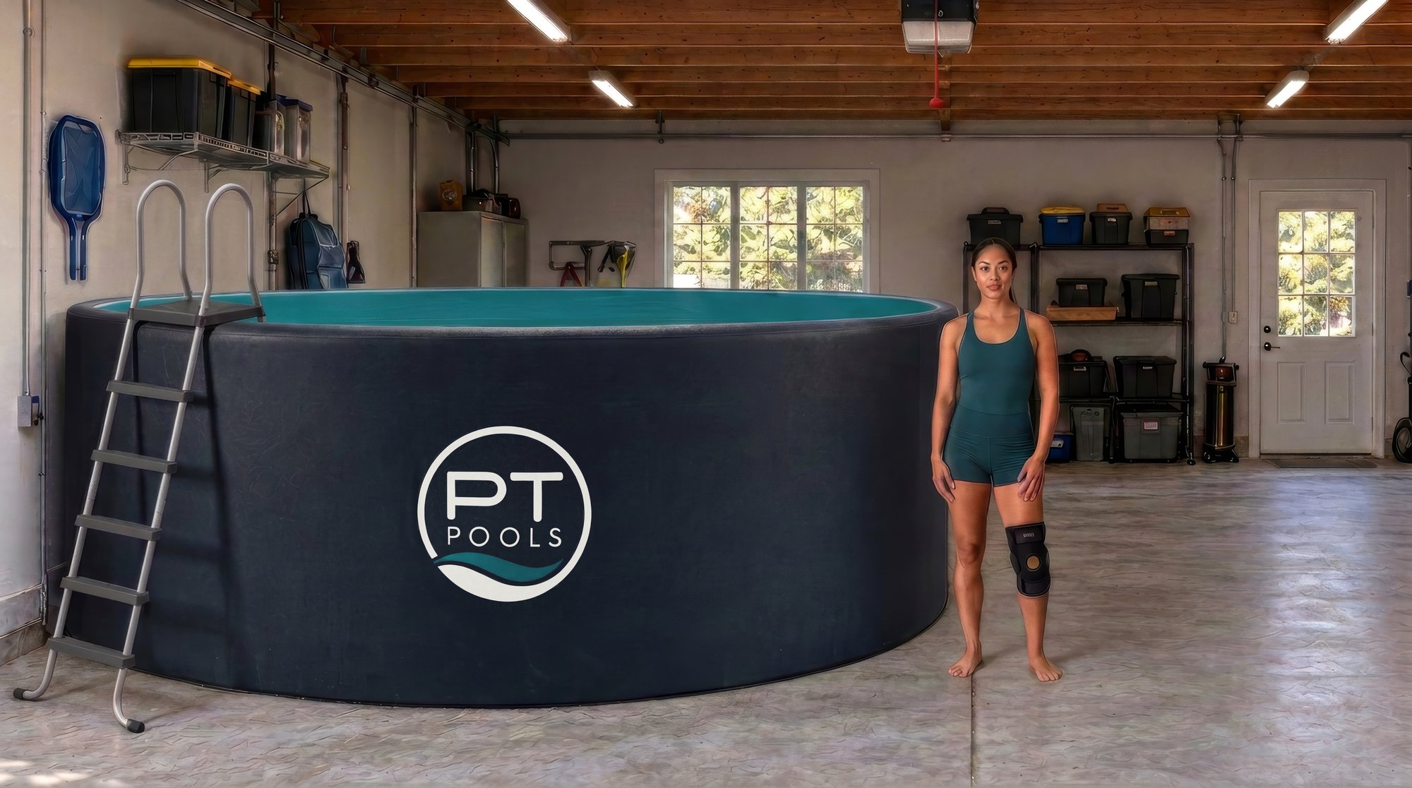 TheraTank set up inside a two-car garage beside storage shelves, with a woman in a teal tank top and knee brace standing next to it; the pool wall reaches her shoulders.